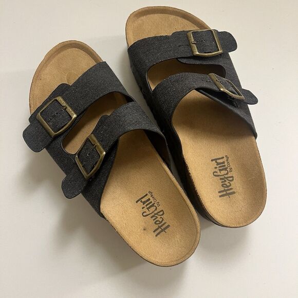 Hey Girl By Corkys Wannabe Black Denim Platform Sandals Double Buckle Strap 7 - Picture 4 of 9
